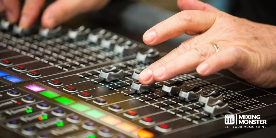 Adjusting Volume Faders On A Mixing Console Adjusting Volume Faders On A Mixing Console