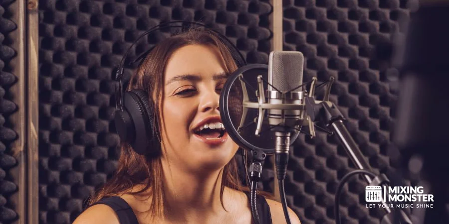 A Female Vocalist Singing At Close Distance To A Condenser Mic A Female Vocalist Singing At Close Distance To A Condenser Mic